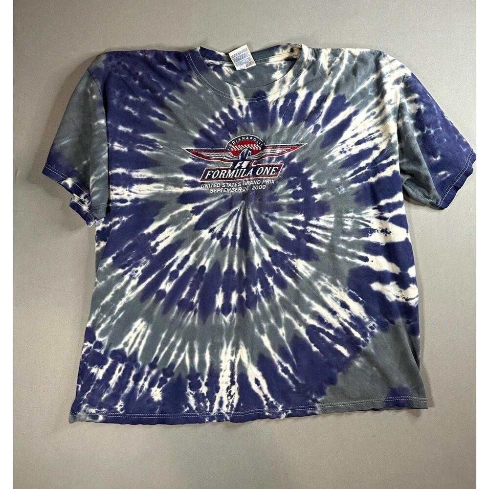 Hanes Formula One US Grand Prix Tie-Dye T-Shirt XXL Blue Gray White Vintage y2k